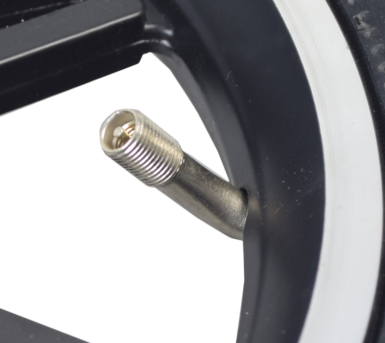 Close-up of the front wheel assembly for the Swagtron EB5 Pro Electric Bike (Blemished), featuring a 12-spoke rim and CST Rim Saver tire, highlighting scratches around the mounting hub.