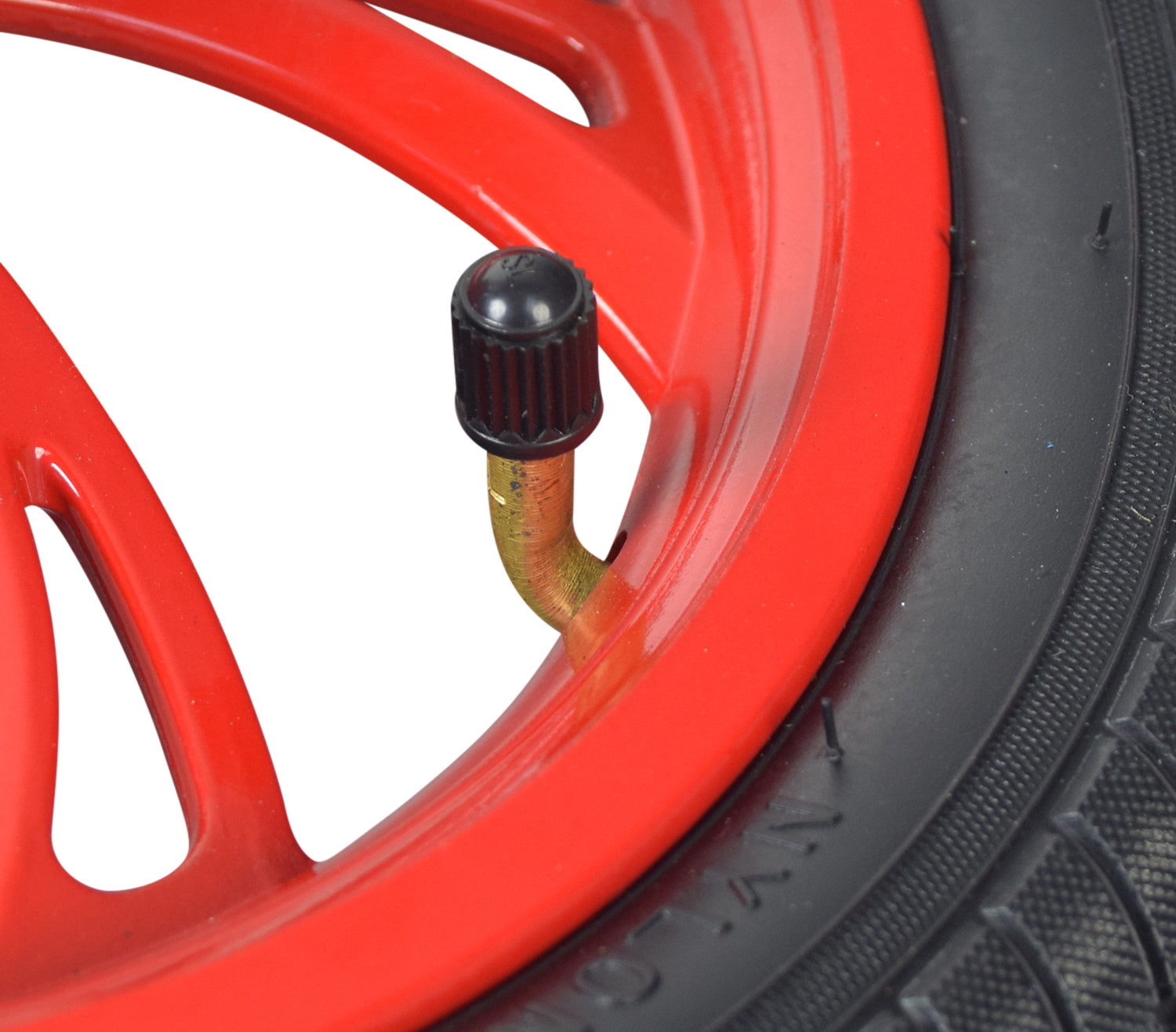 Front Wheel Assembly with Red Rim for the Jetson® Bolt Electric Bike, featuring a black tire with a visible tire valve and a red 6-spoke rim, pre-drilled for a brake disc.