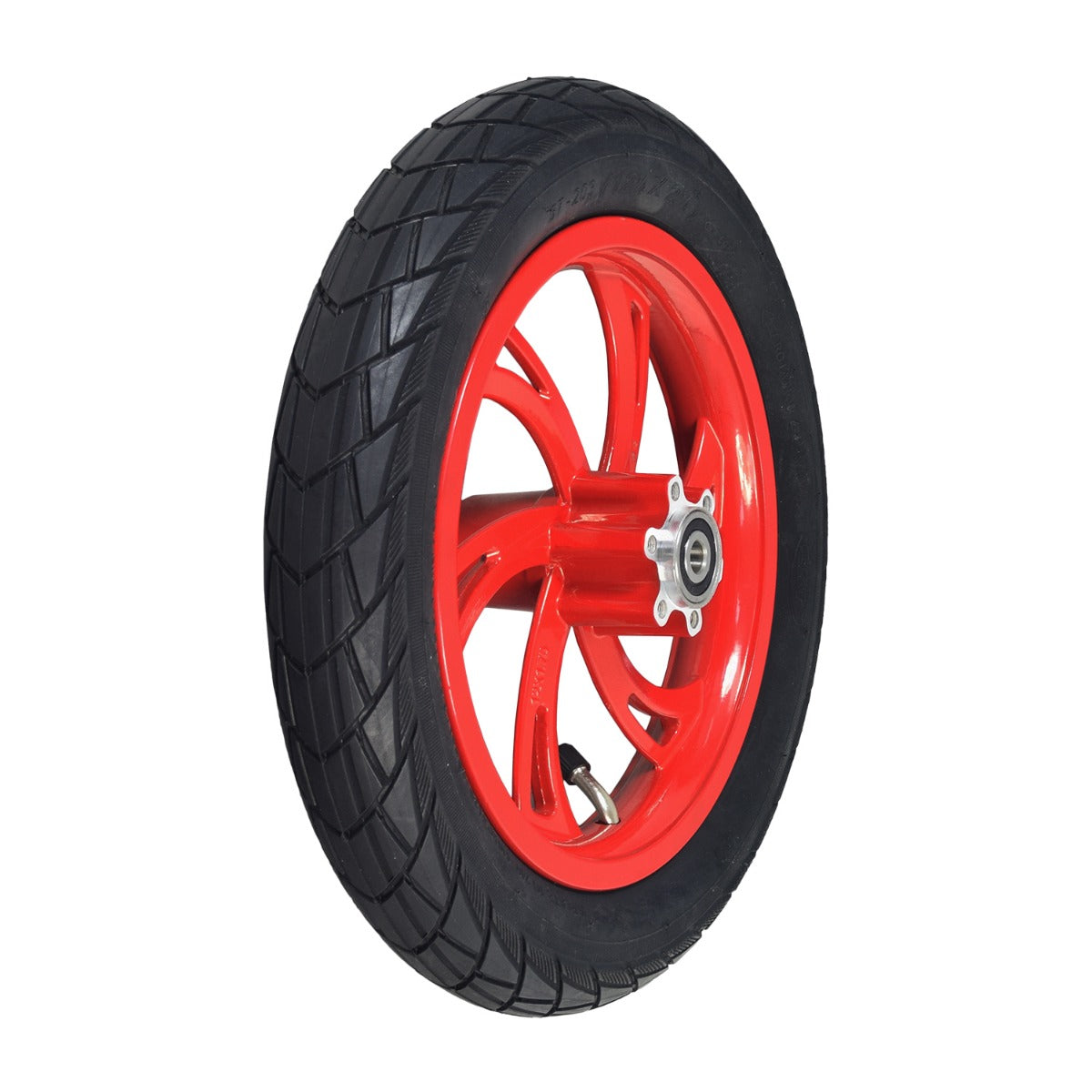 Front Wheel Assembly with Red Rim for the Jetson® Bolt Electric Bike, featuring a 6-spoke rim, pre-drilled hub, and 12-1/2x2-1/4 Wanda tire with pebble-grain street tread.