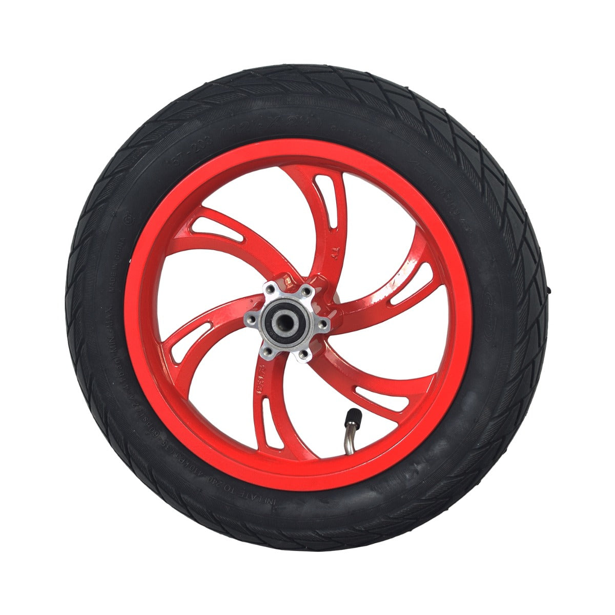 Front Wheel Assembly with Red Rim for the Jetson® Bolt Electric Bike, featuring a 6-spoke rim, black tire with street tread, and pre-drilled hub for brake disc.