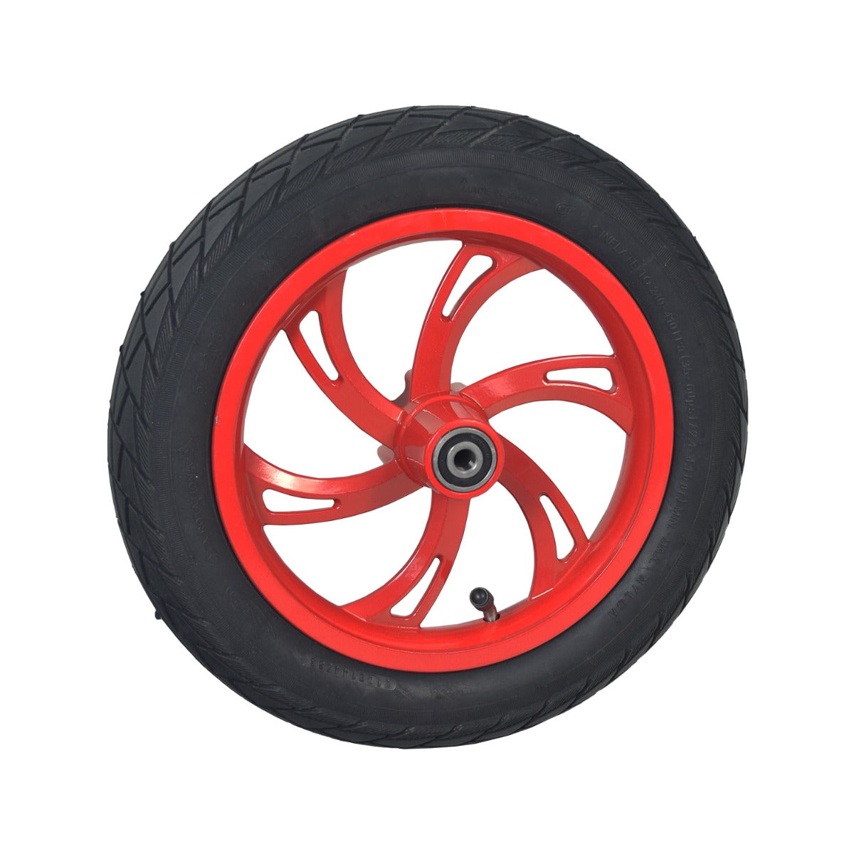 Front Wheel Assembly with Red Rim for the Jetson® Bolt Electric Bike, featuring a 6-spoke red enamel rim, 12-1/2x2-1/4 tire, and pre-drilled hub for brake disc.