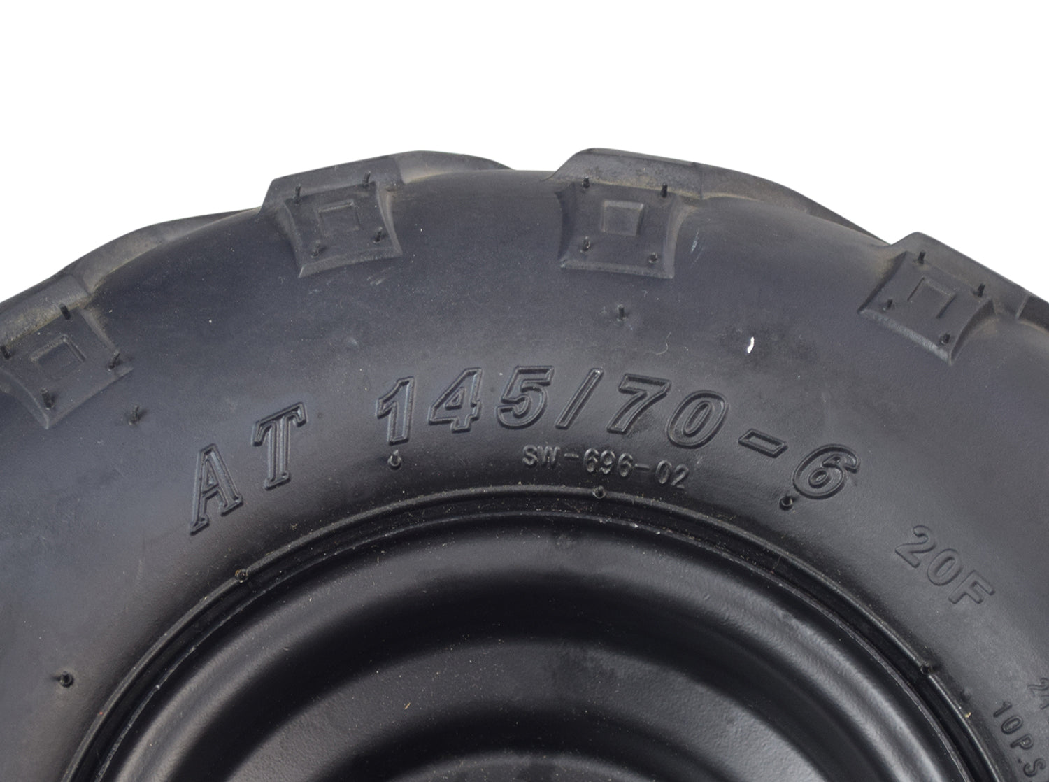 Close-up of the Front Wheel Assembly for the Massimo MM-MB100 Mini Bike, showcasing the 145-70-6 tubeless pneumatic tire with all-terrain directional V tread and preinstalled bearings.