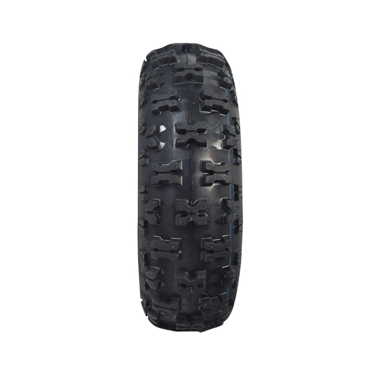 13x5.00-6 Rear Tire and Rim Wheel Assembly for Coleman CK100 & SK100 Go-Karts featuring a black tire with blue and black knobby tread on a black enamel-finished steel rim.