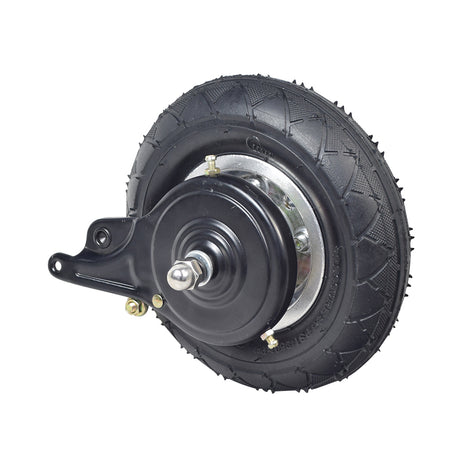 200x50 Rear Wheel Assembly for Chain Drive Razor E200 (Versions 36+), showcasing a black wheel, metal disc, tire, inner tube, bearings, drum brake, and chain sprocket.