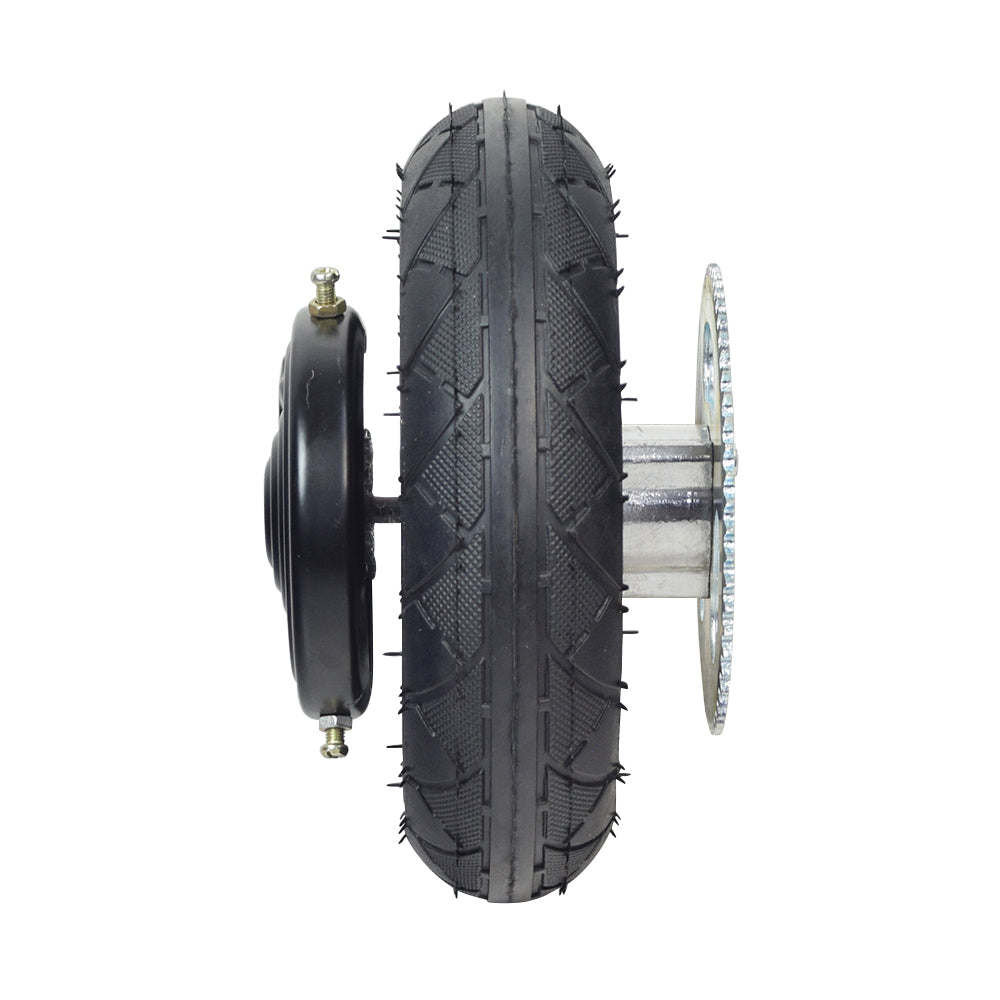 200x50 Rear Wheel Assembly for Chain Drive Razor E200 (Versions 36+), featuring a black tire, metal rim, inner tube, bearings, drum brake assembly, and chain sprocket.