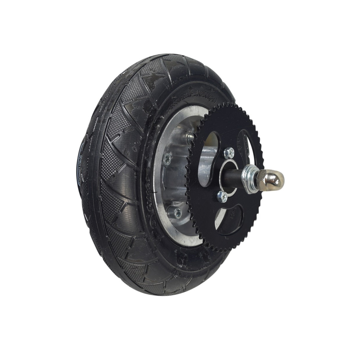 200x50 Rear Wheel Assembly for Chain Drive Razor E200 (Versions 36+): Close-up of a black wheel with metal rim, tire, inner tube, bearings, drum brake assembly, and chain sprocket.