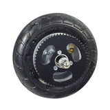 200x50 Rear Wheel Assembly for Chain Drive Razor E200 (Versions 36+), featuring a black tire with metal rim, bearings, drum brake assembly, and chain sprocket. Close-up of wheel components.