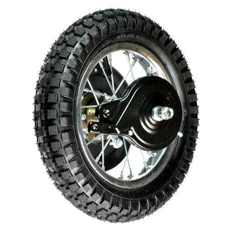 Rear Wheel Assembly without Hardware for the Razor MX350 (Versions 23+) & MX400 (Versions 19+) (Blemished) featuring a black tire with a silver rim, close-up of the wheel and tread.