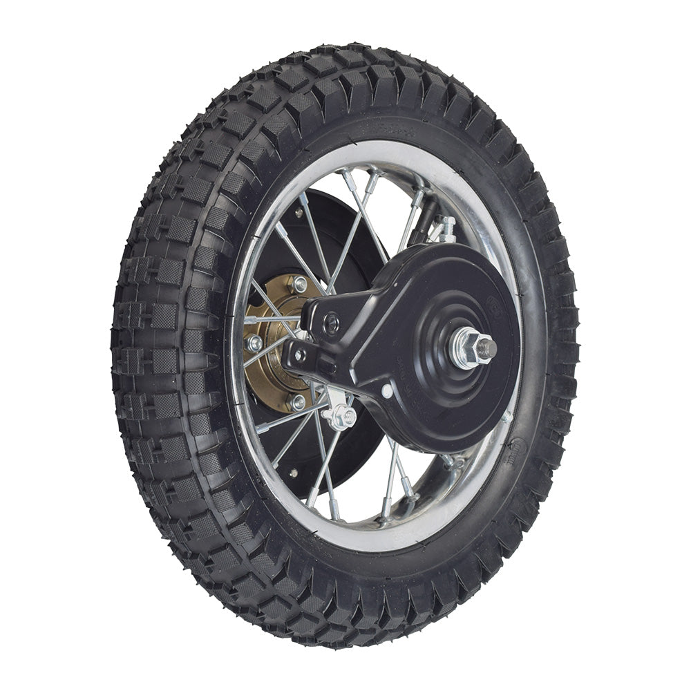 Rear Wheel Assembly for Razor MX350 (Versions 23+) and MX400 (Versions 19+) Dirt Bikes, featuring a black tire with silver spokes, a black wheel, and visible brake assembly components.