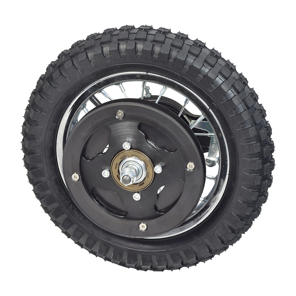 Rear Wheel Assembly for Razor MX350 (Versions 23+) and MX400 (Versions 19+) Dirt Bikes, featuring a black tire, rim, brake assembly, sprocket, axle, and nuts, with a close-up of the wheel and metal components.