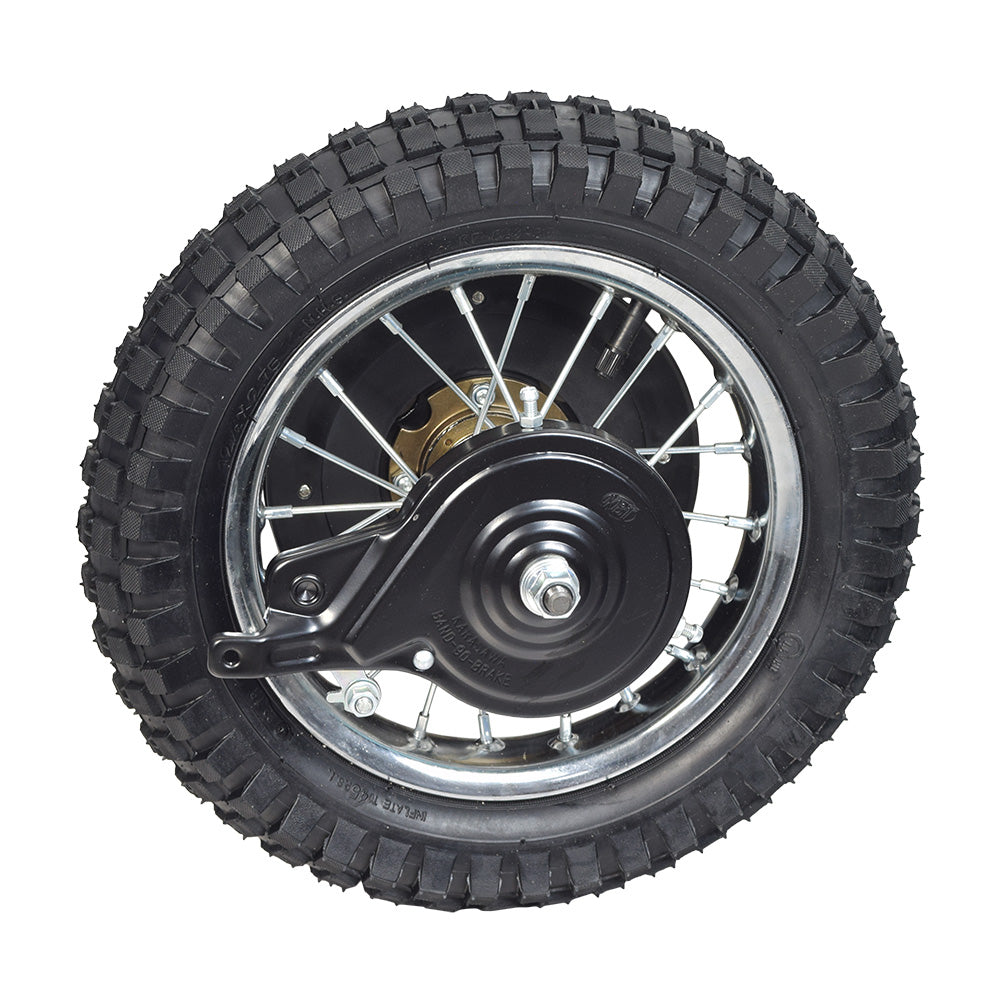 Rear Wheel Assembly for Razor MX350 (Versions 23+) and MX400 (Versions 19+), featuring a black tire with silver spokes, rim, tube, brake assembly, sprocket, axle, spacers, bearings, nuts, and instructions included.