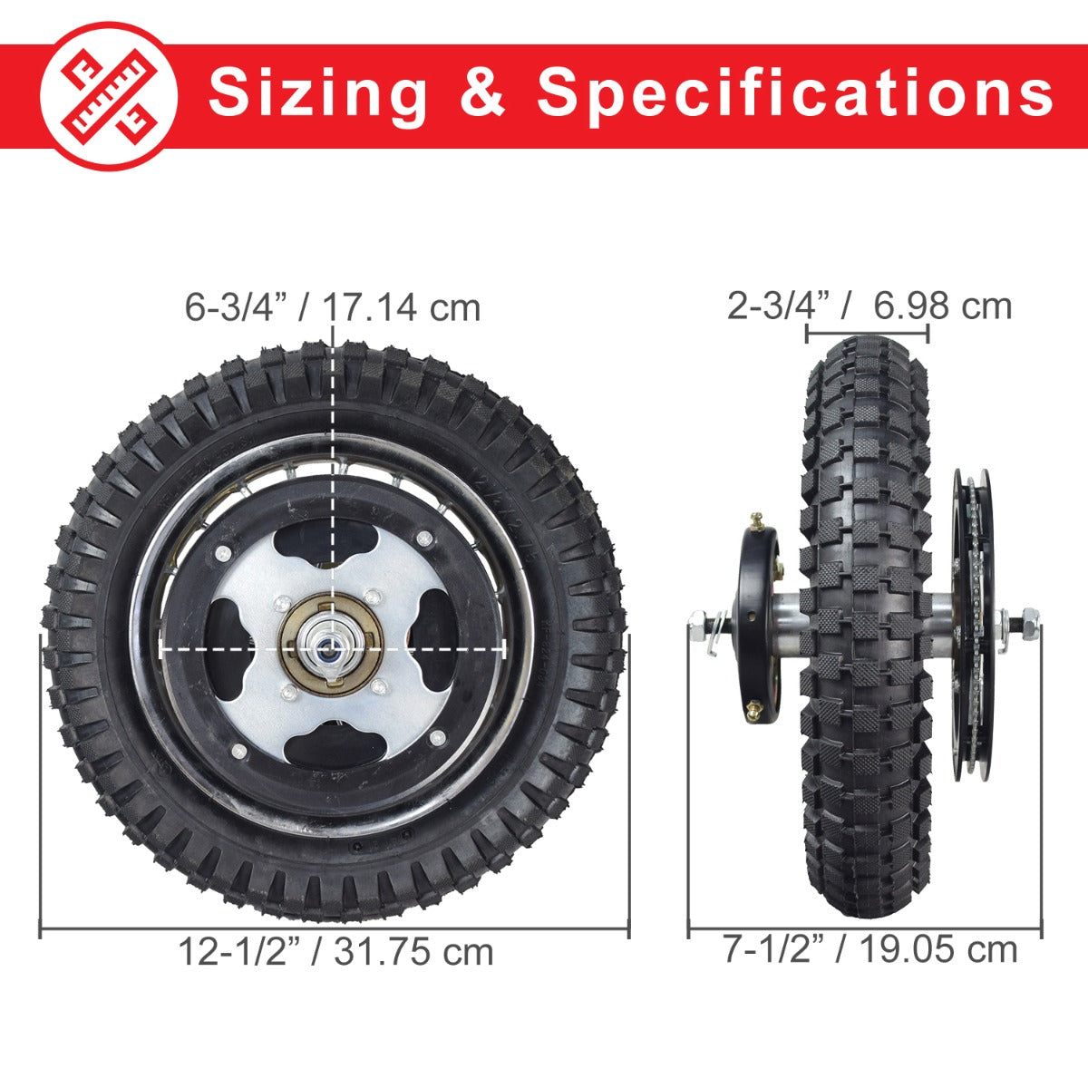 Rear Wheel Assembly for Razor MX350 (Versions 23+) and MX400 (Versions 19+) Dirt Bikes, featuring a close-up of the tire, rim, brake assembly, sprocket, and axle.