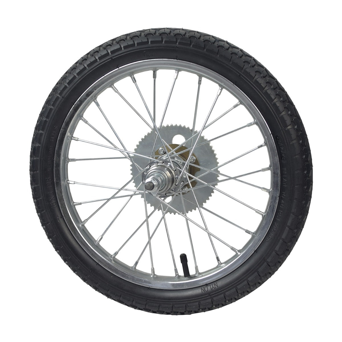 Rear Wheel Assembly for the Razor EcoSmart Metro, featuring a close-up of the wheel with spokes, tire, inner tube, and drive sprocket, essential for electric scooter maintenance.