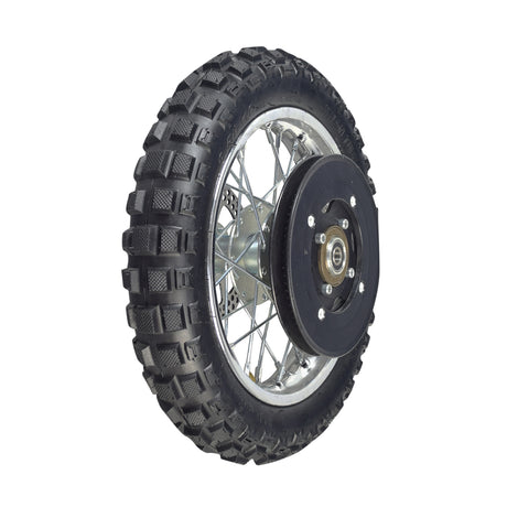 Rear Wheel Assembly for Razor MX500 and MX650, featuring a close-up of the tire with disc brake rotor, rim, and spokes. Includes axle, sprocket, tire inner tube, brake rotor, and freewheel.