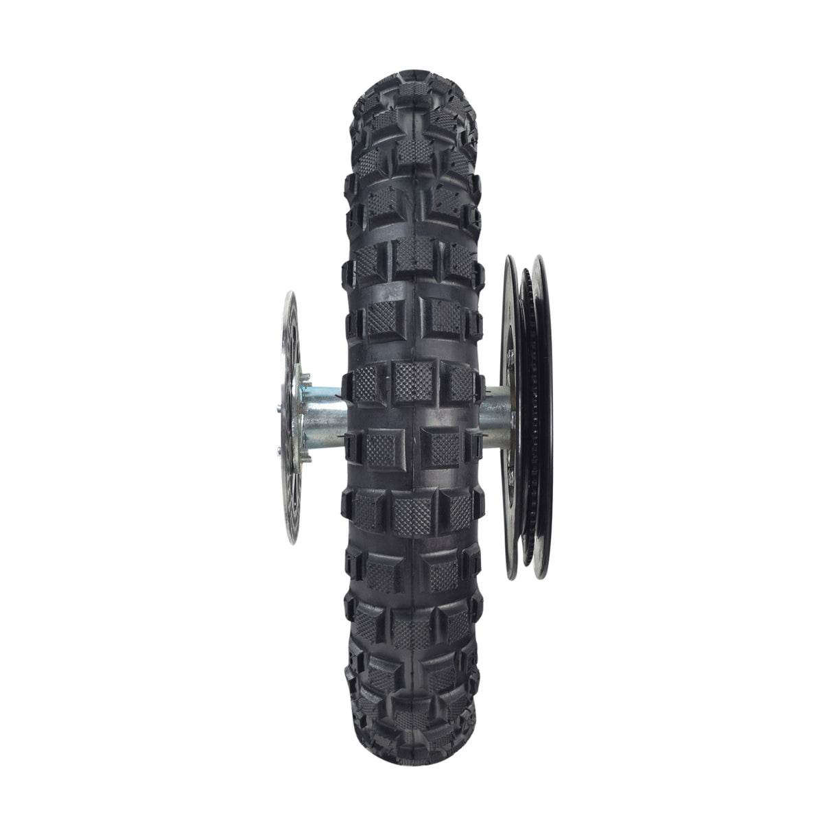 Rear Wheel Assembly for Razor MX500 and MX650, showcasing a black tire with metal wheel, including axle, rim, sprocket, tire inner tube, brake rotor, and freewheel.