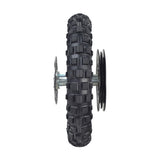 Rear Wheel Assembly for Razor MX500 and MX650, showcasing a black tire with metal wheel, including axle, rim, sprocket, tire inner tube, brake rotor, and freewheel.