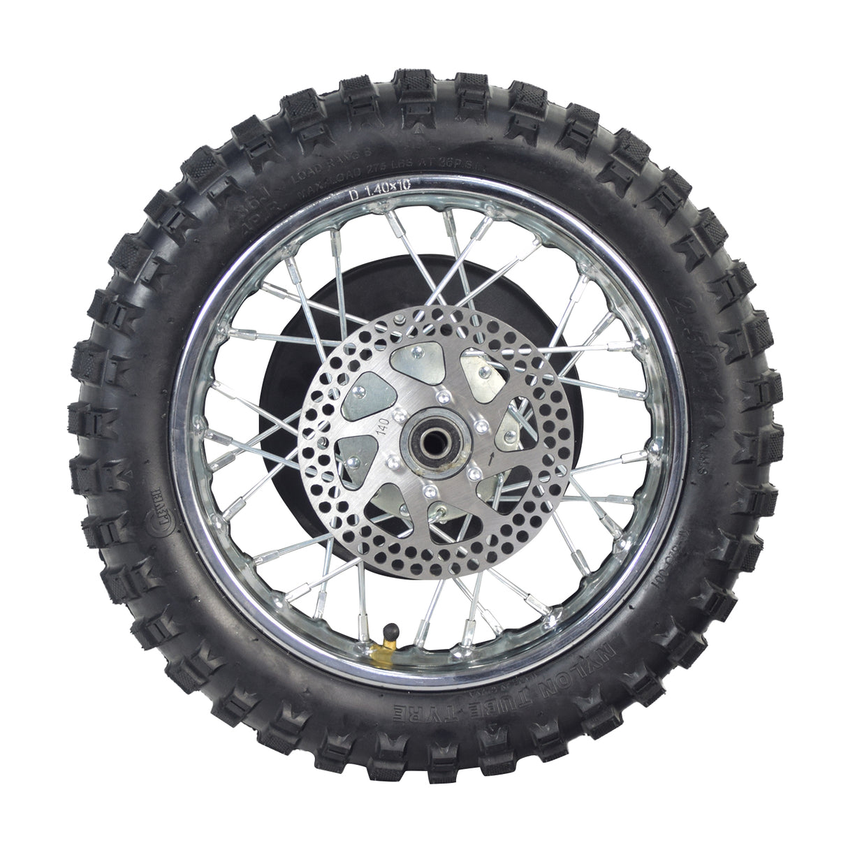 Rear Wheel Assembly for Razor MX500 and MX650, showcasing a close-up of the motorcycle tire with spokes, rim, axle, sprocket, tire inner tube, brake rotor, and freewheel.