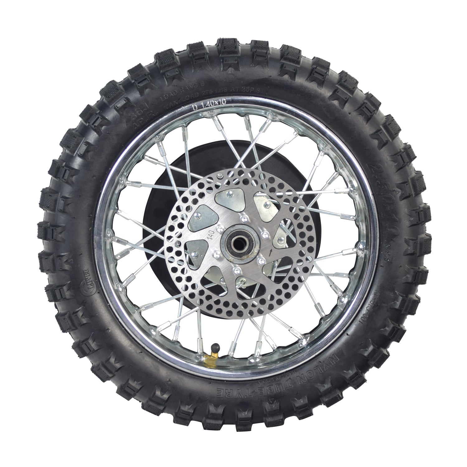 Rear Wheel Assembly for Razor MX500 and MX650 (Blemished) featuring close-up of tire with spokes, axle, rim, sprocket, and brake rotor.