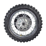 Rear Wheel Assembly for Razor MX500 and MX650, showcasing a close-up of the motorcycle tire with spokes, rim, axle, sprocket, brake rotor, and freewheel components.