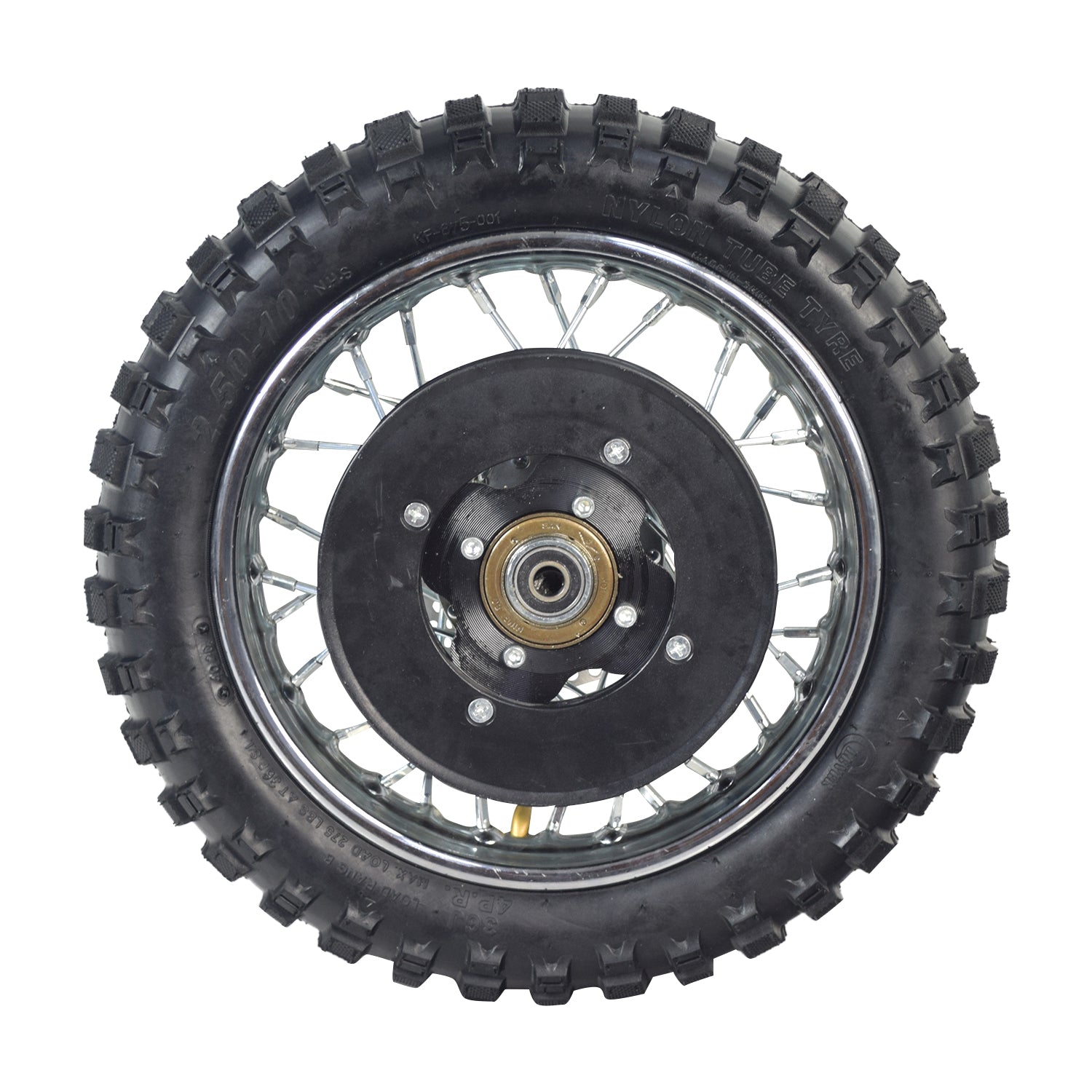 Rear Wheel Assembly for Razor MX500 and MX650, featuring a black tire with silver rims, spokes, and a detailed close-up of the wheel's metal circular components.