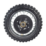 Rear Wheel Assembly for Razor MX500 and MX650, featuring a black tire with silver rims, spokes, and a detailed close-up of the wheel's metal circular components.