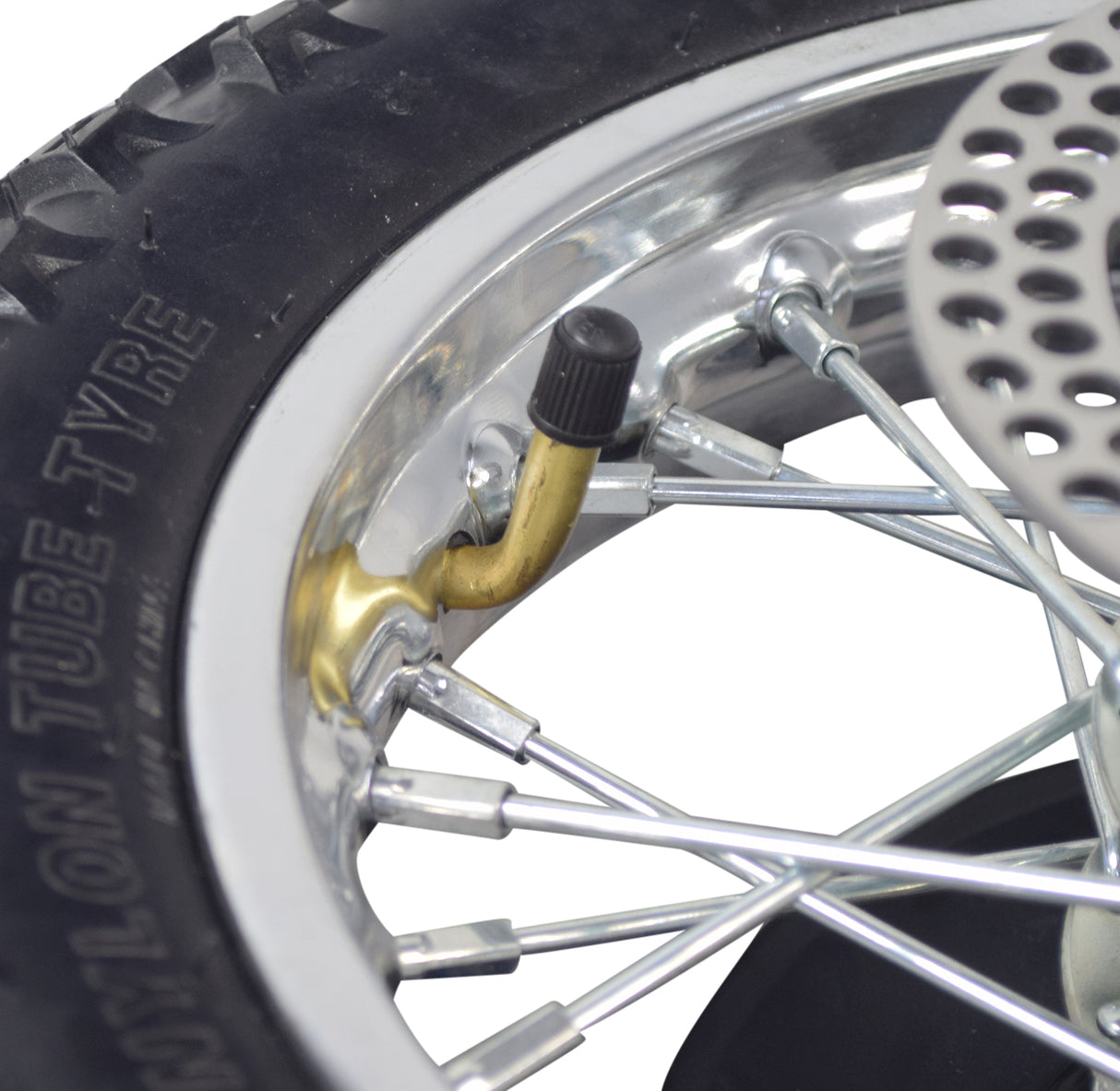 Rear Wheel Assembly for Razor MX500 and MX650, featuring a close-up of the tire with a visible valve, including the axle, rim, sprocket, tire inner tube, brake rotor, and freewheel.