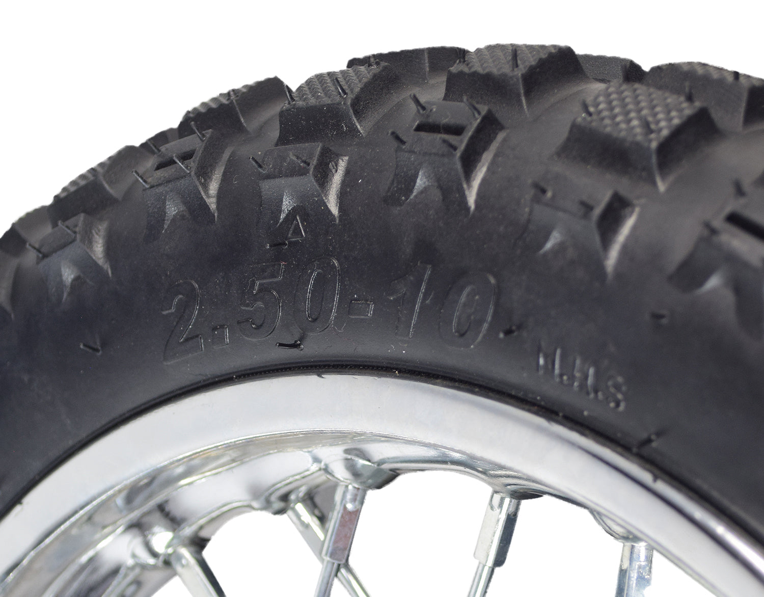 Close-up of the Rear Wheel Assembly for Razor MX500 and MX650, showing the tire, rim, and sprocket with visible tread and synthetic rubber material.