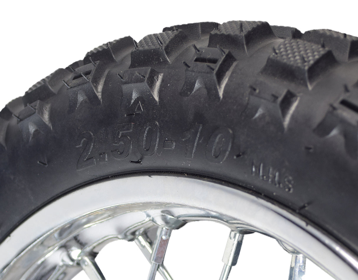 Close-up of the Rear Wheel Assembly for Razor MX500 and MX650, showcasing the tire, rim, and brake rotor components.