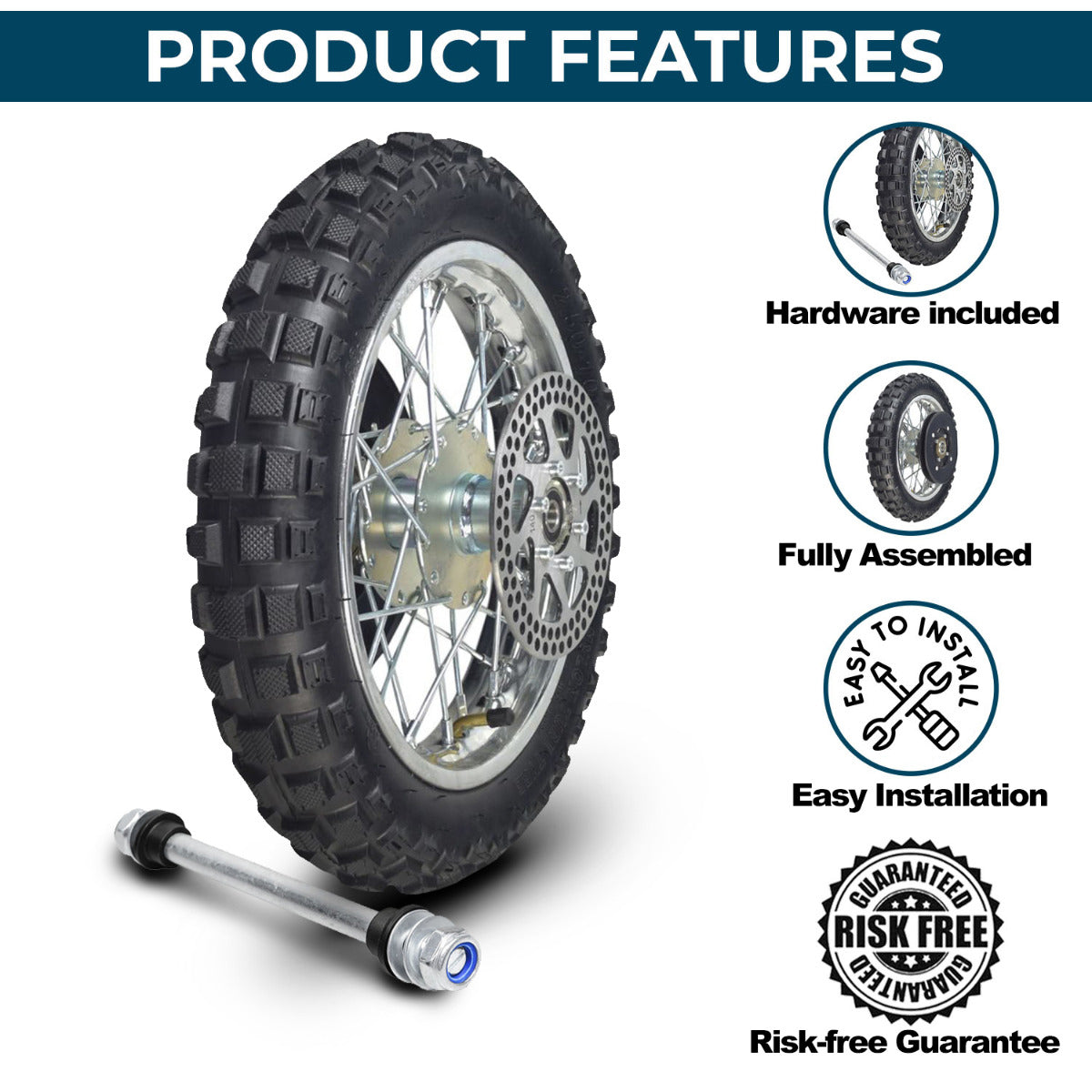 Rear Wheel Assembly for Razor MX500 and MX650, showcasing a close-up of the tire with visible tread, rim, and sprocket, including the axle and brake rotor components.