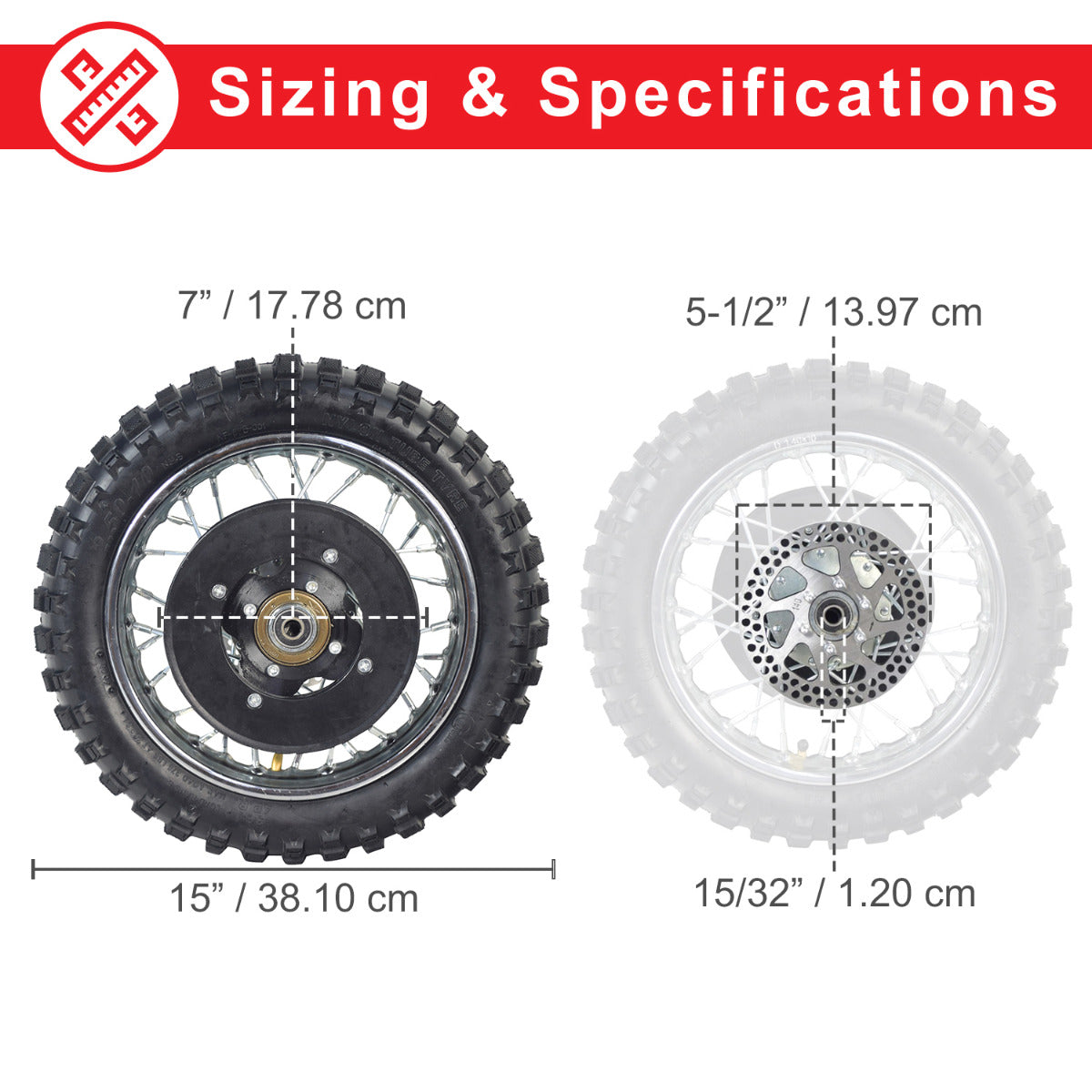 Rear Wheel Assembly for Razor MX500 and MX650 featuring a close-up of the wheel, axle, rim, sprocket, tire inner tube, brake rotor, and freewheel with detailed tire size chart in the background.