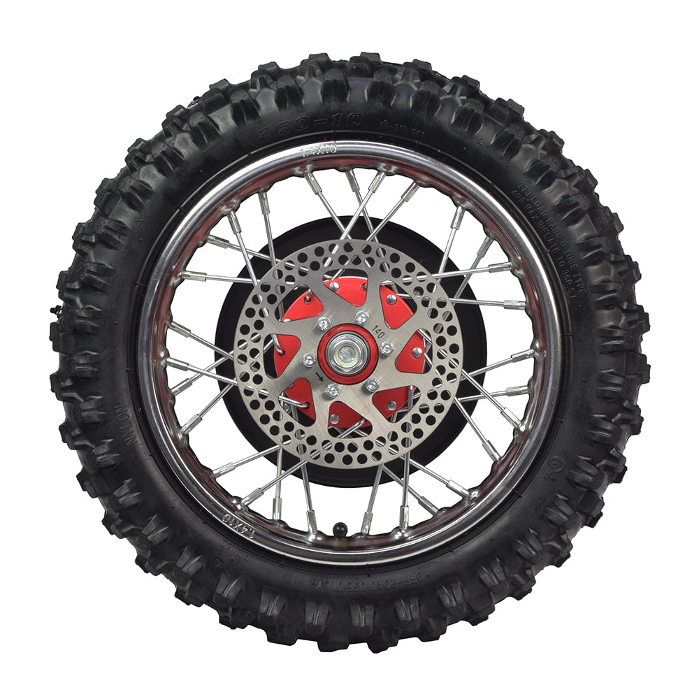 Red Rear Wheel Assembly for the Razor SX500 McGrath Dirt Rocket, featuring a knobby tire, red rim, tube, and 140 mm brake disc. Note: Axle not included.