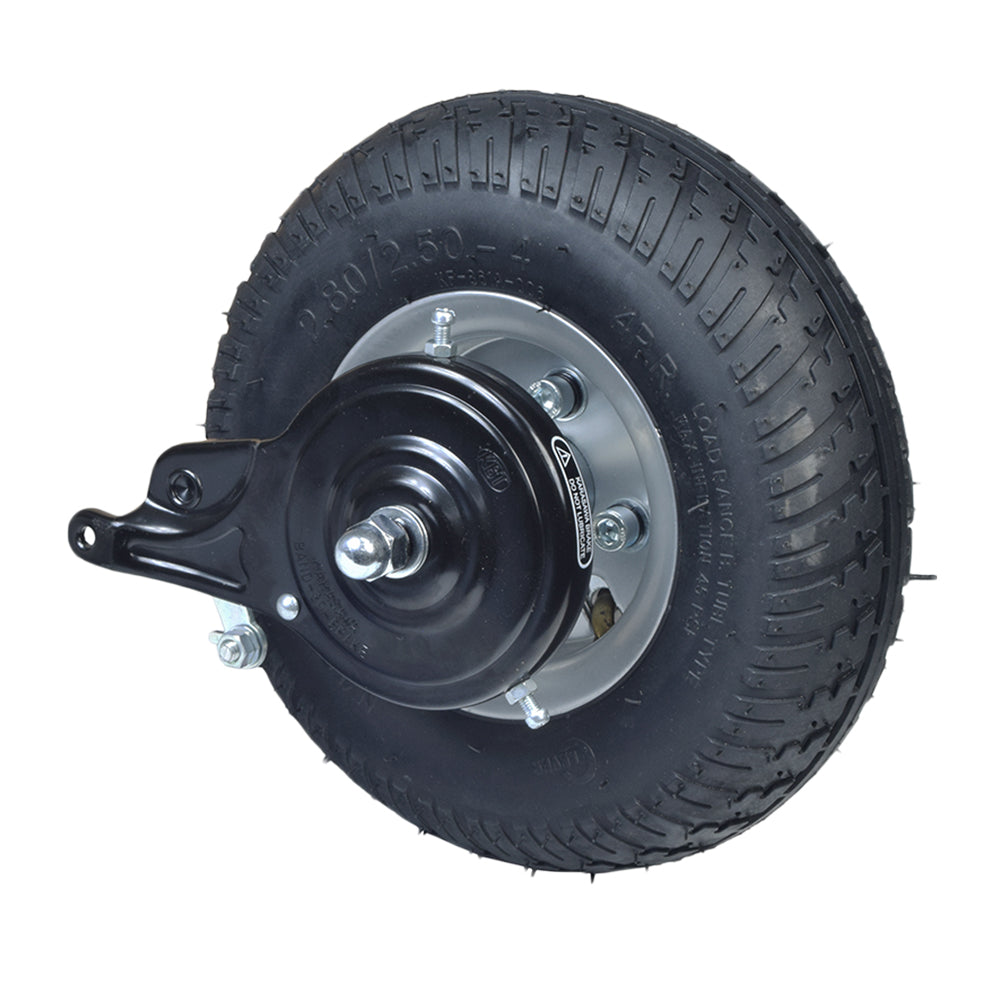 Rear Wheel Assembly for the Razor E300 (Versions 41+) (Blemished) featuring a black tire, metal disc rim, drive sprocket, and brake assembly in a close-up view.