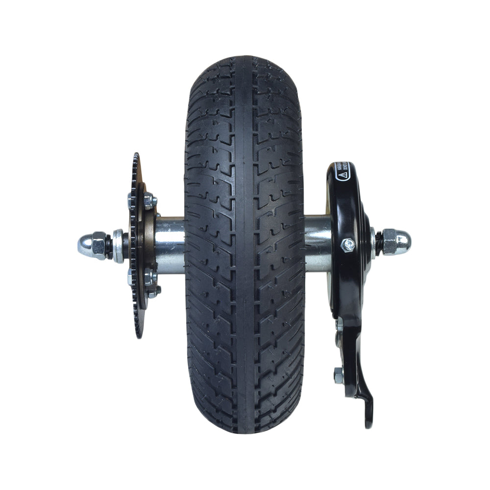 Rear Wheel Assembly for the Razor E300 (Versions 41+), featuring a black tire with visible tread, mounted on a black rim, complete with drive sprocket and brake assembly, close-up view.