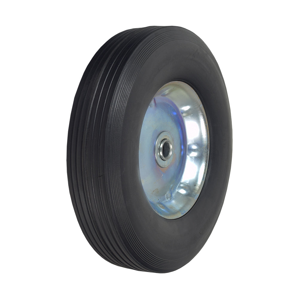 10 Solid Rubber Tire Utility Wheel Assembly for Dollies, Wagons, & Carts, featuring a black solid rubber tire with a silver rim and pre-installed ball bearings for 5/8 axle compatibility.