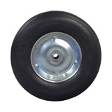 10 Solid Rubber Tire Utility Wheel Assembly featuring a black wheel with a silver rim, designed for dollies, wagons, and carts. The wheel includes pre-installed ball bearings for 5/8 axles.