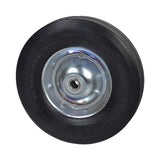 10 Solid Rubber Tire Utility Wheel Assembly for Dollies, Wagons, & Carts featuring a black wheel with a silver rim, solid rubber tire, and pre-installed ball bearings for 5/8 axles.