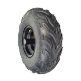 Front Wheel Assembly with Tire for the Realtree RT200 196cc Mini Bike, featuring a black tire with V-tread and black rim, including bearings, valve, spacers, and hardware for complete installation.