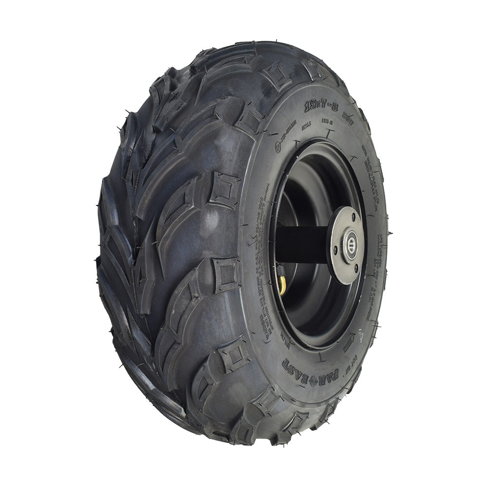 Rear Wheel Assembly with Tire for the Coleman RB200 212cc Mini Bike, featuring a metal wheel, tubeless pneumatic tire with V-tread, bearings, spacers, and rim for optimal traction on loose surfaces.