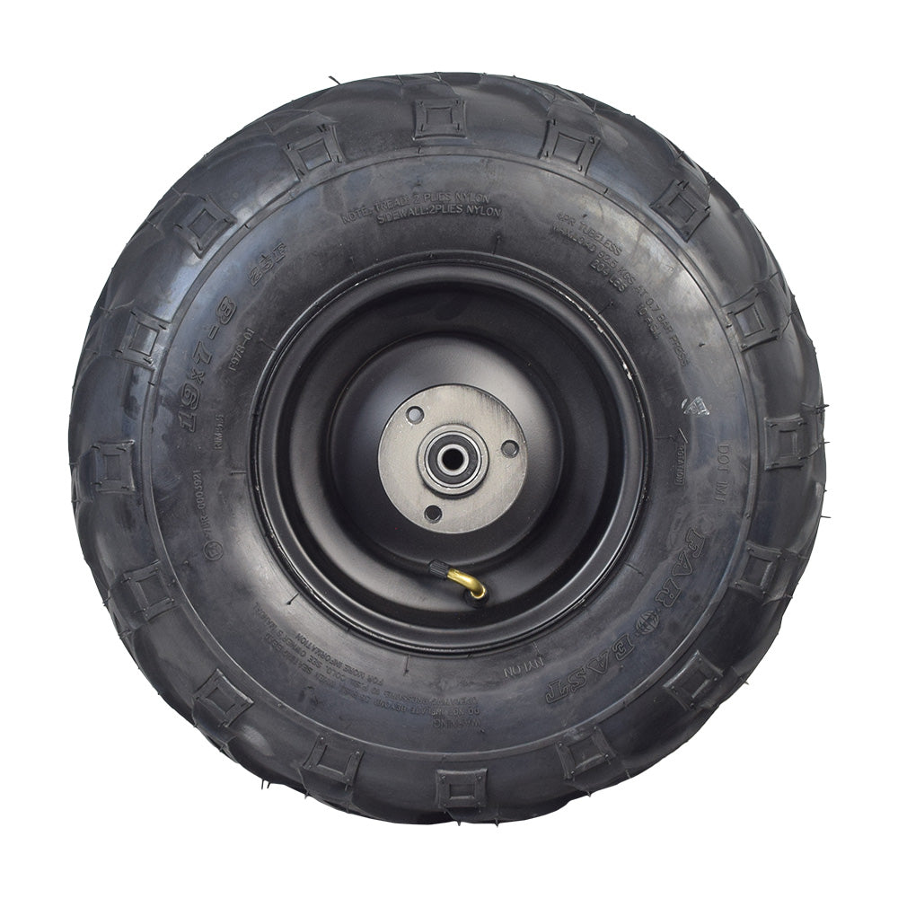 Rear Wheel Assembly with Tire for the Coleman RB200 212cc Mini Bike, featuring a metal rim and tubeless pneumatic tire with V-tread for improved traction.