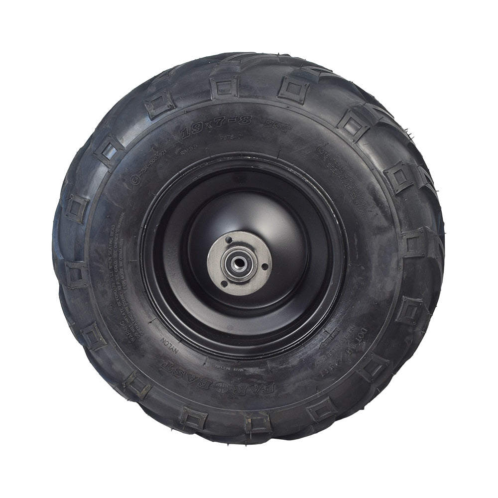 Rear Wheel Assembly with Tire for the Coleman RB200 212cc Mini Bike, featuring a metal rim and a tubeless pneumatic tire with a V-tread for enhanced traction on loose surfaces.