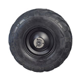 Rear Wheel Assembly with Tire for the Realtree RT200 196cc Mini Bike, featuring a metal wheel with a tubeless pneumatic tire and V-tread for enhanced traction on loose surfaces.