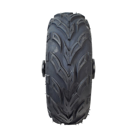 Rear Wheel Assembly with Tire for the Realtree RT200 196cc Mini Bike featuring a close-up of the tire's mud-slinging V-tread design, showcasing its robust construction and traction capabilities on loose surfaces.