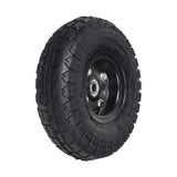 10 Pneumatic Tire Utility Wheel Assembly for Dollies, Wagons, & Carts featuring a black tire with a metal rim, knobby tread, and a centrally positioned screw.