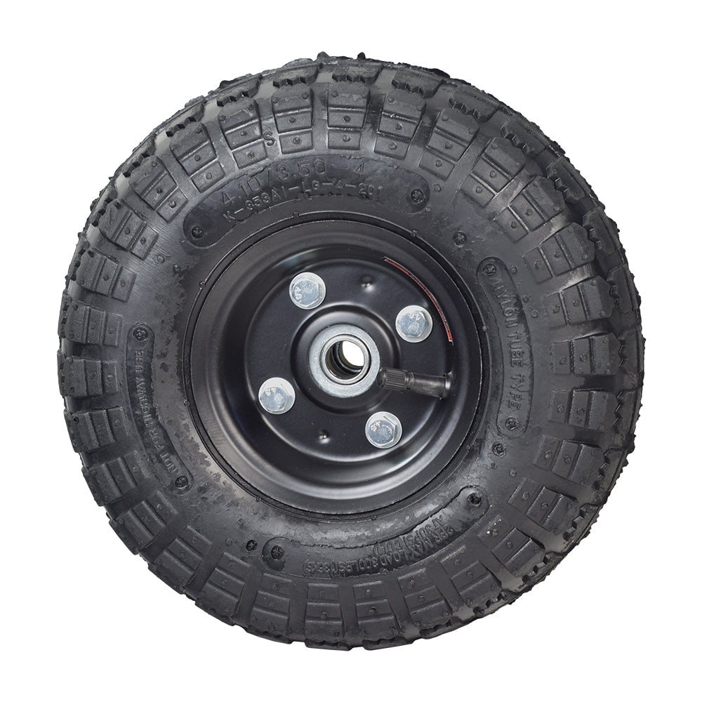 10 Pneumatic Tire Utility Wheel Assembly for Dollies, Wagons, & Carts featuring a black, knobby tread tire with a heavy-duty steel hub and pre-installed ball bearings.