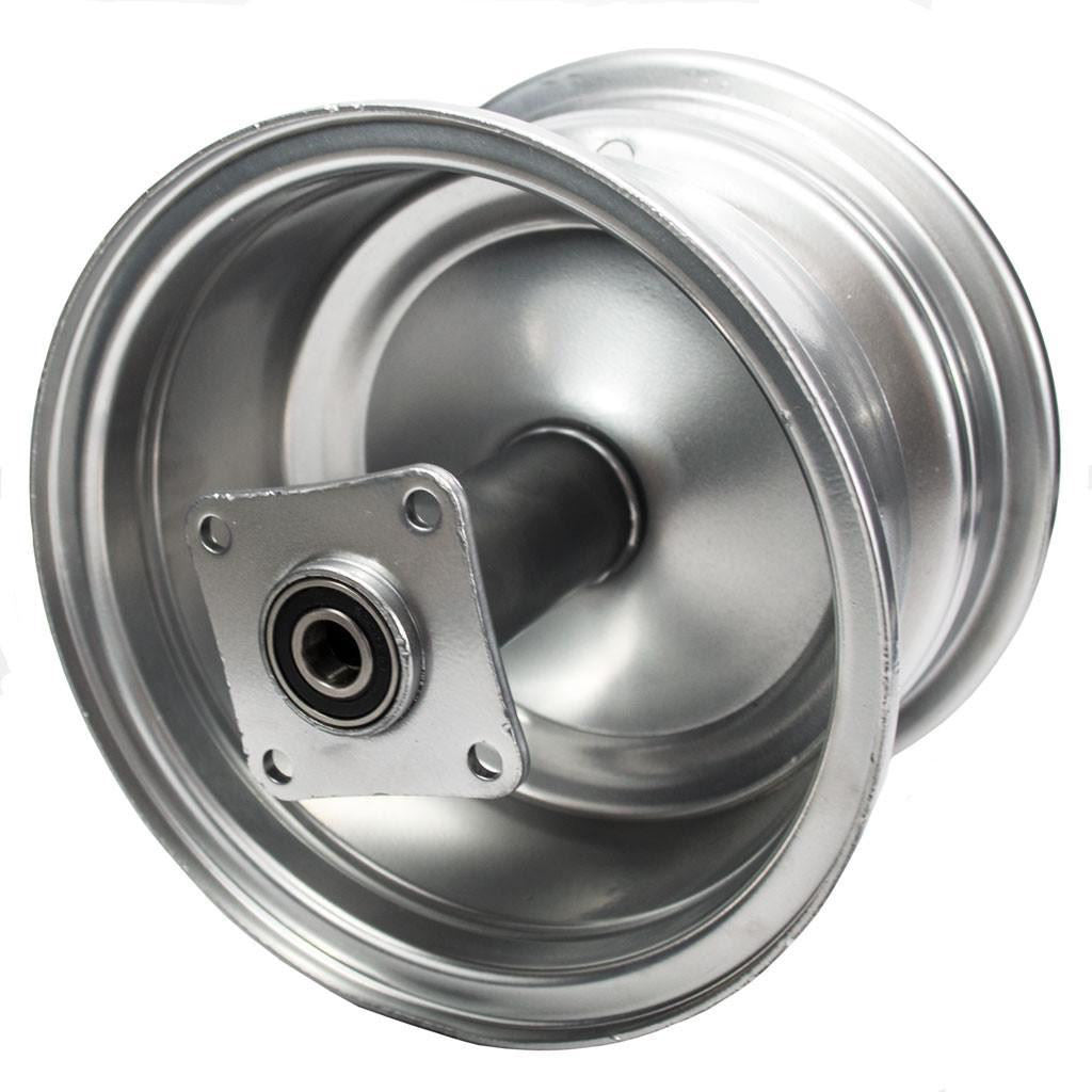 Silver Rear Rim for the Baja Mini Bike (MB165) featuring a close-up of a silver wheel with a metal hub, ideal as a replacement part for the MB165 and MB200 models.