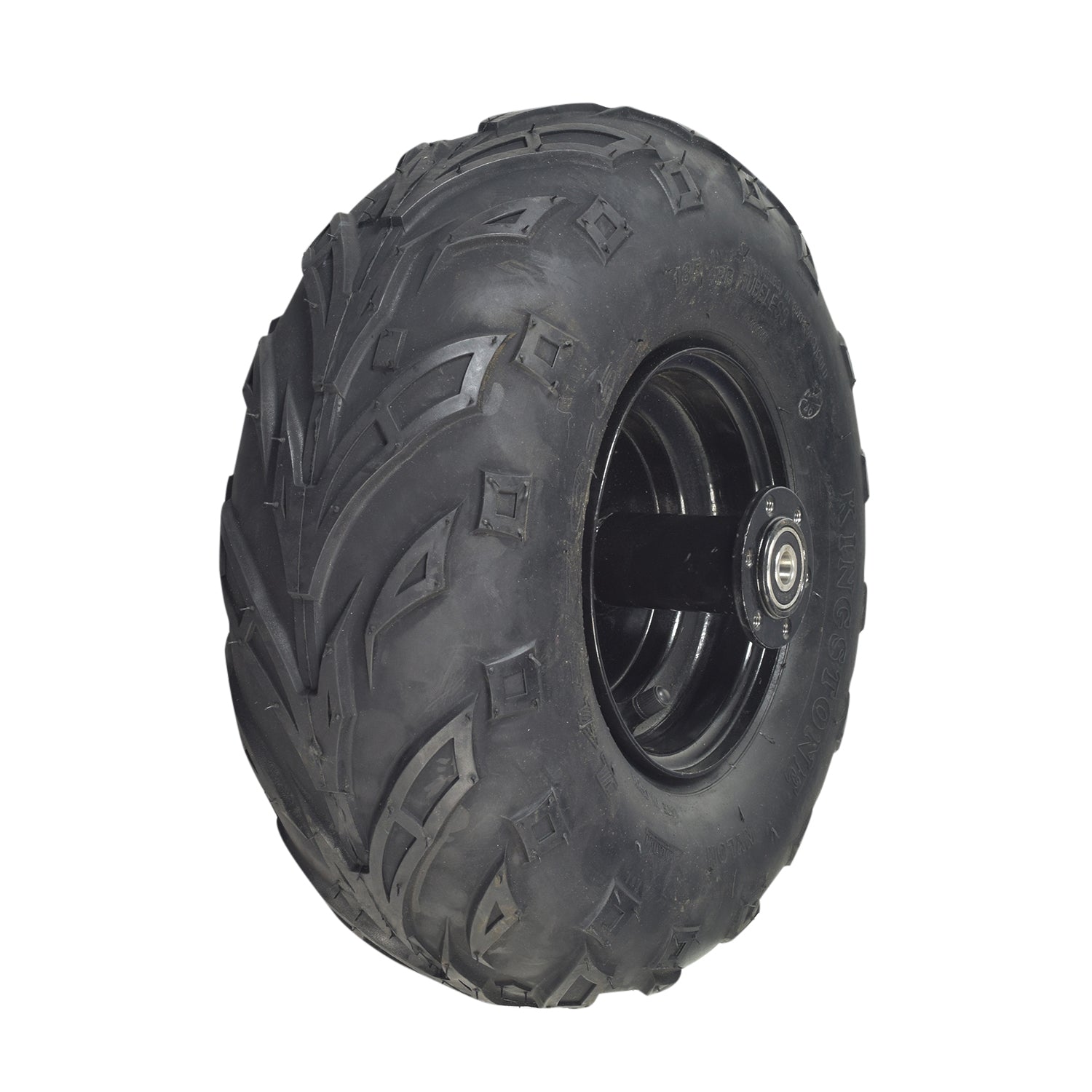 145/70-6 Rear Wheel Assembly for the Coleman RB100 105cc Mini Bike, featuring a robust V-tread tire, metal rim, and wheel bearings designed for optimal control on rough terrains.