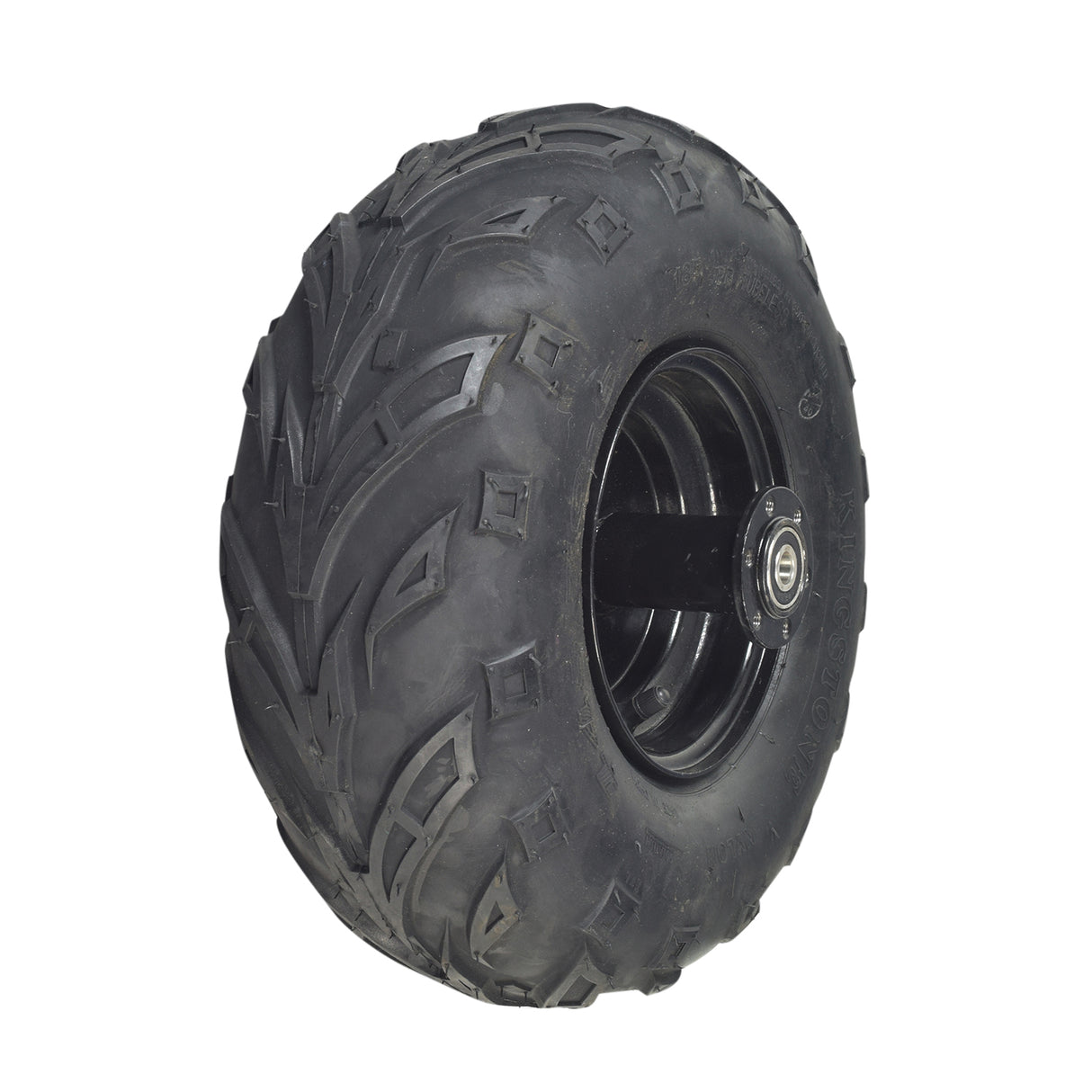 Rear Wheel Assembly for the TaoTao DB100 105cc Mini Bike featuring a 145/70-6 tire with V-tread, metal rim, and wheel bearings, designed for optimal control on rough or loose surfaces.