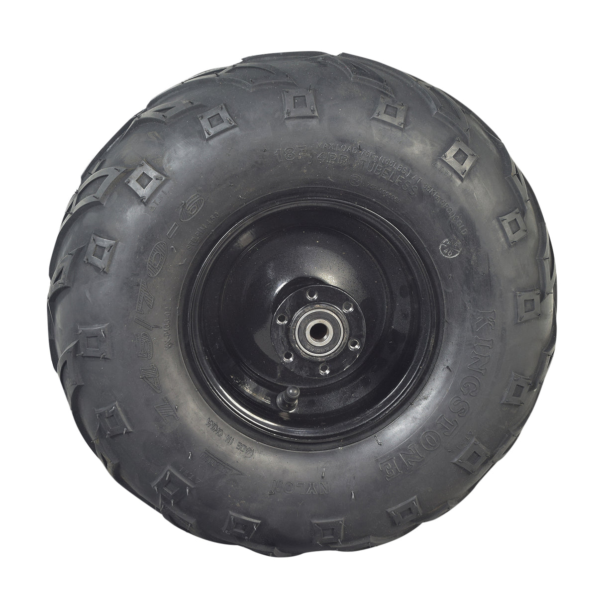 Rear Wheel Assembly for the Monster Moto / Mega Moto Classic 80cc, Classic 105cc, & Classic 1000w Mini Bikes featuring a black tire with a black rim and robust mud-slinging tread.