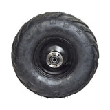 145/70-6 Rear Wheel Assembly for the Coleman RB100 105cc Mini Bike, featuring a black tire with metal center and V-tread design, ideal for rough surfaces. Includes tire, wheel bearings, and rim.