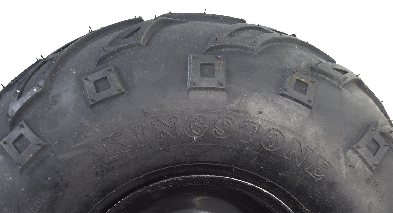 Close-up of the 145/70-6 Rear Wheel Assembly for the Coleman RB100 105cc Mini Bike, showcasing its V-tread tire, wheel bearings, and rim designed for traction on rough surfaces.